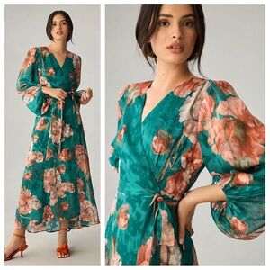 NWT Anthropologie Hutch Floral V-Neck Textured Wrap Maxi Dress